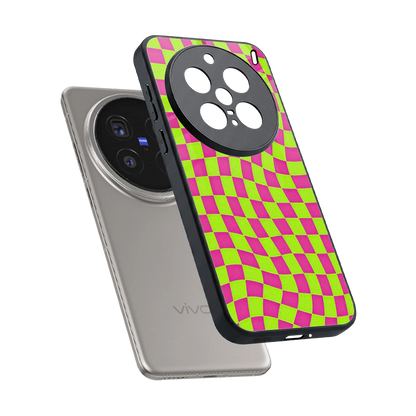 Trippy Green Pink Checkers sleek vivo x200 pro cover with tempered glass back and TPU edges