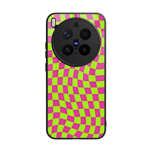 Trippy Green Pink Checkers back phone cover | glass case for vivo x300 pro