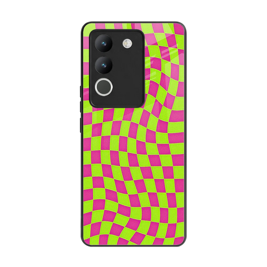 Trippy Green Pink Checkers back phone cover | glass case for vivo y200 5g