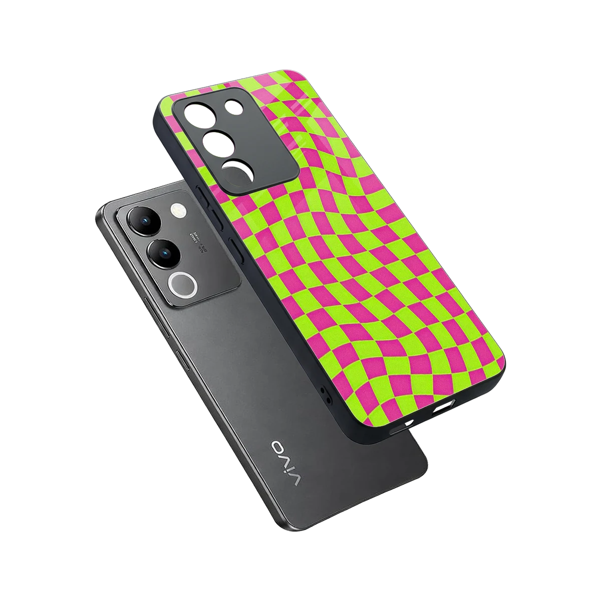 Trippy Green Pink Checkers sleek vivo y200 5g cover with tempered glass back and TPU edges