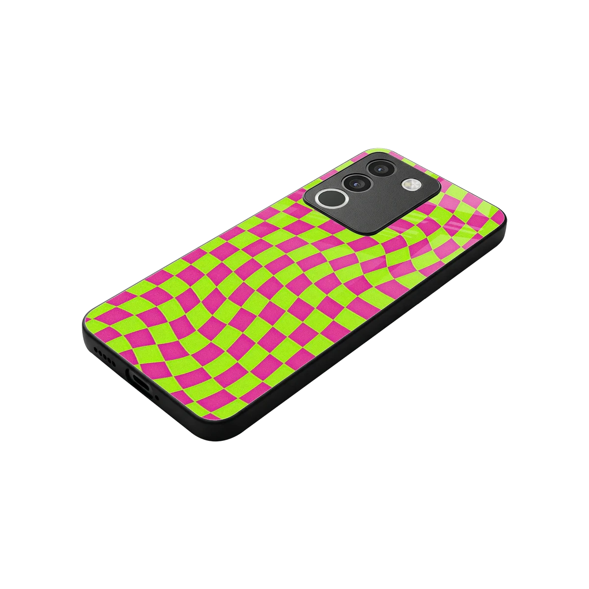 Trippy Green Pink Checkers stylish phone case for vivo y200 5g | glossy glass and slim fit