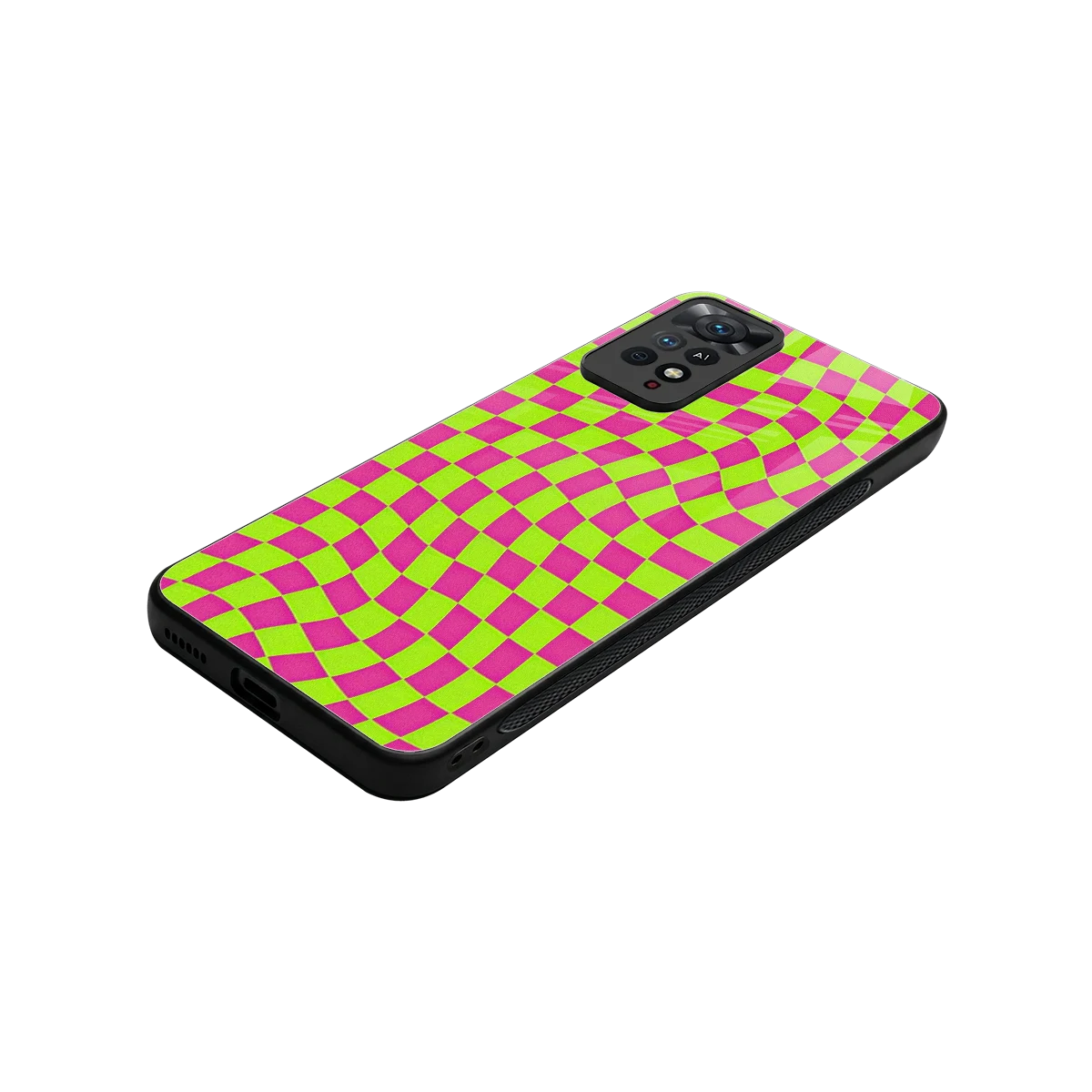 Trippy Green Pink Checkers stylish phone case for redmi note 11 pro | glossy glass and slim fit