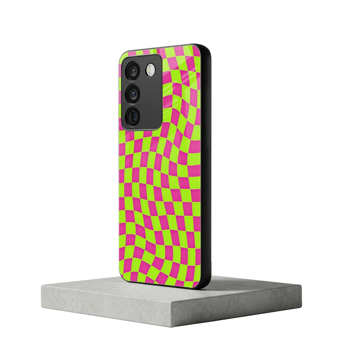 Trippy Green Pink Checkers vivo y200 5g mobile cover | shockproof glass phone case