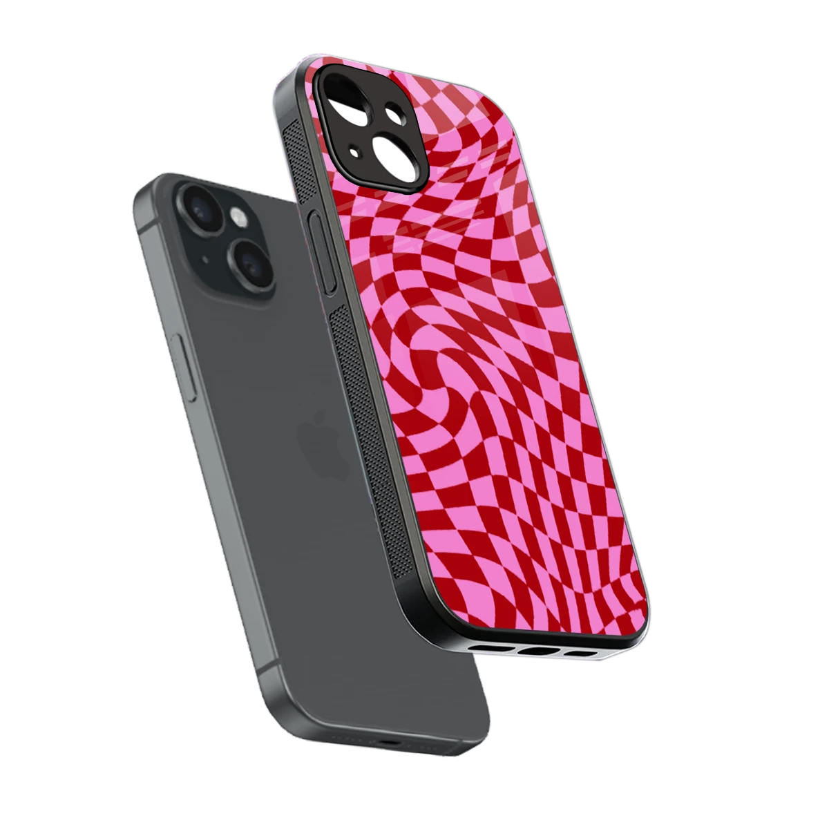 Trippy Pink Checkers sleek iphone 13 cover with tempered glass back and TPU edges