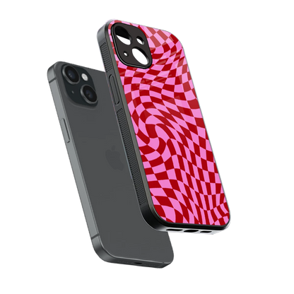 Trippy Pink Checkers sleek iphone 13 cover with tempered glass back and TPU edges
