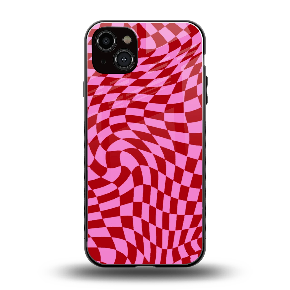Trippy Pink Checkers back phone cover | glass case for iphone 14 plus