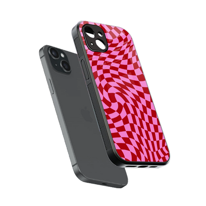 Trippy Pink Checkers sleek iphone 14 plus cover with tempered glass back and TPU edges
