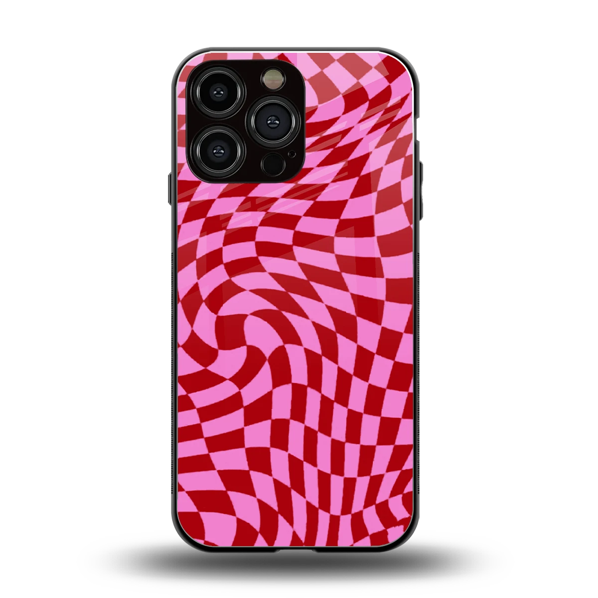 Trippy Pink Checkers back phone cover | glass case for iphone 15 pro max