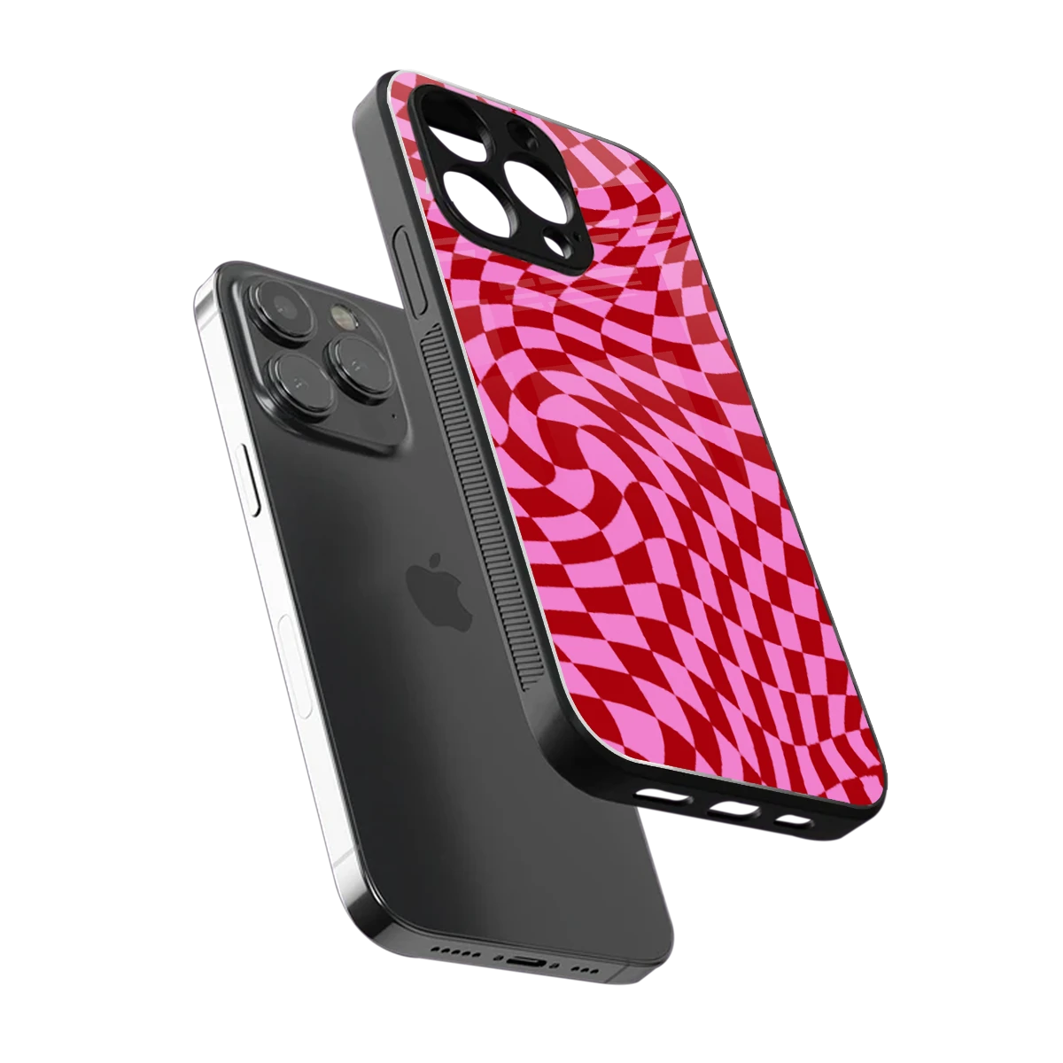 Trippy Pink Checkers sleek iphone 15 pro max cover with tempered glass back and TPU edges