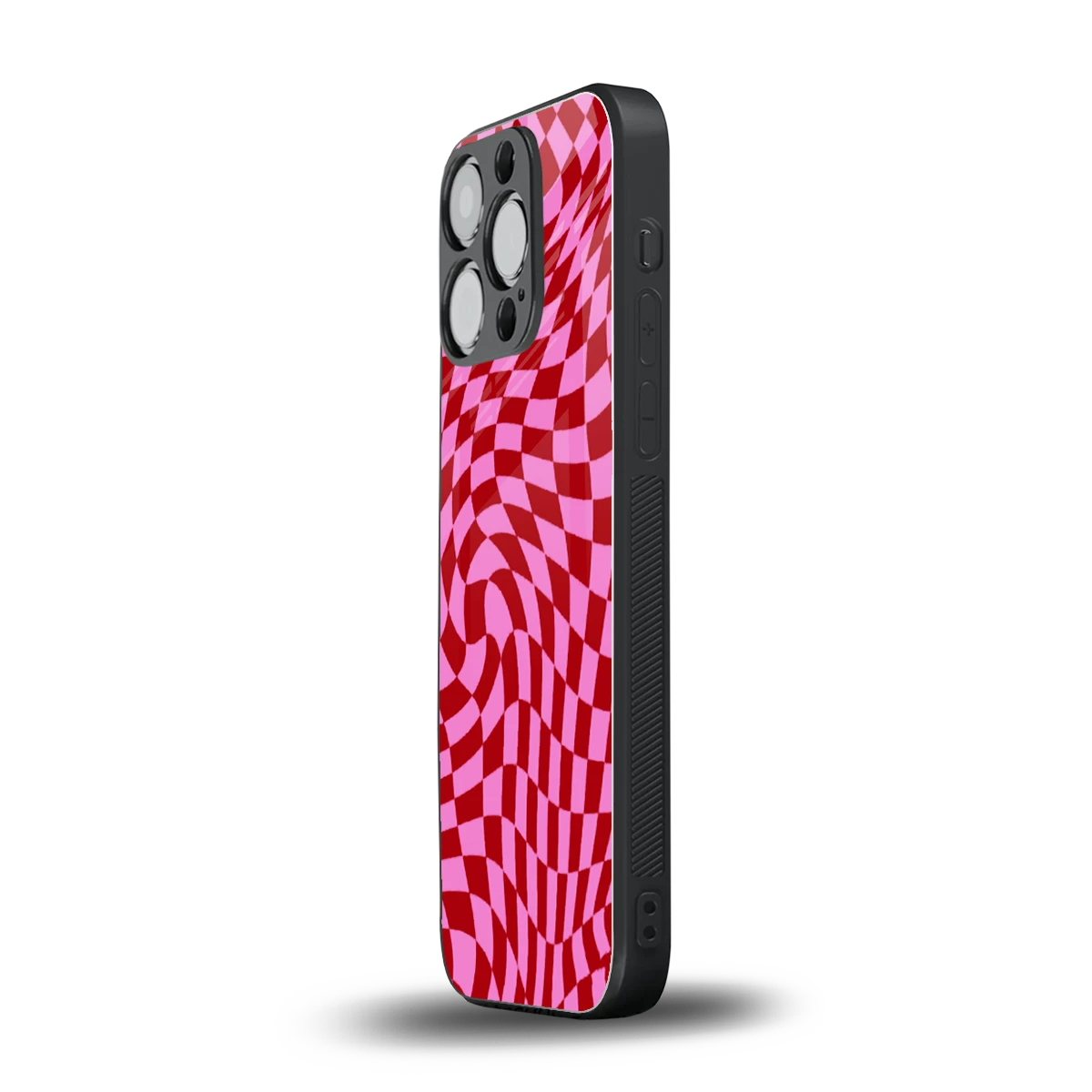 Trippy Pink Checkers iphone 15 pro mobile cover | shockproof glass phone case