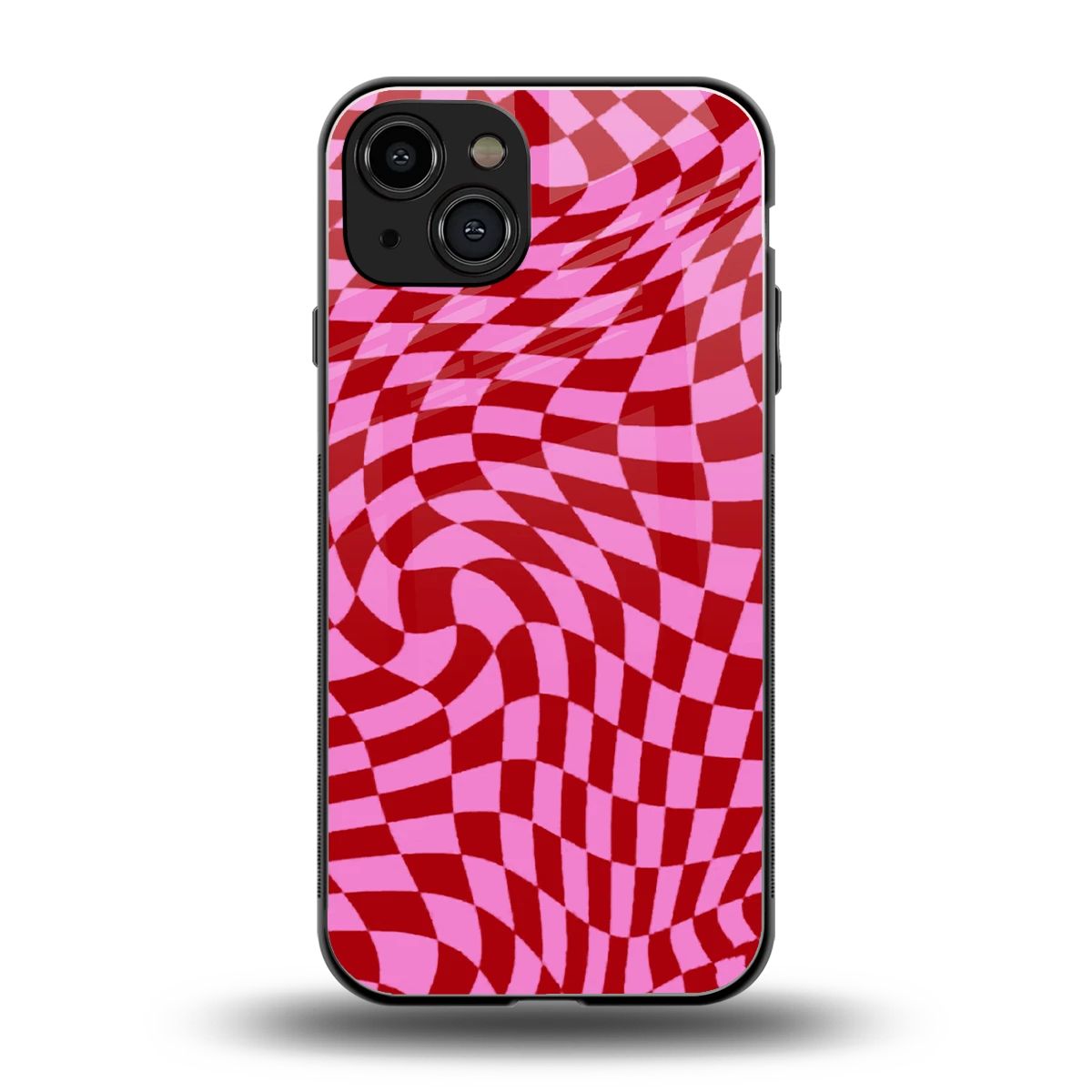 Trippy Pink Checkers back phone cover | glass case for iphone 15