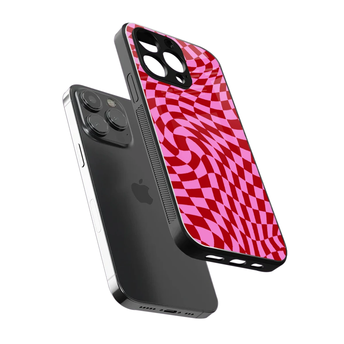 Trippy Pink Checkers sleek iphone 15 pro cover with tempered glass back and TPU edges
