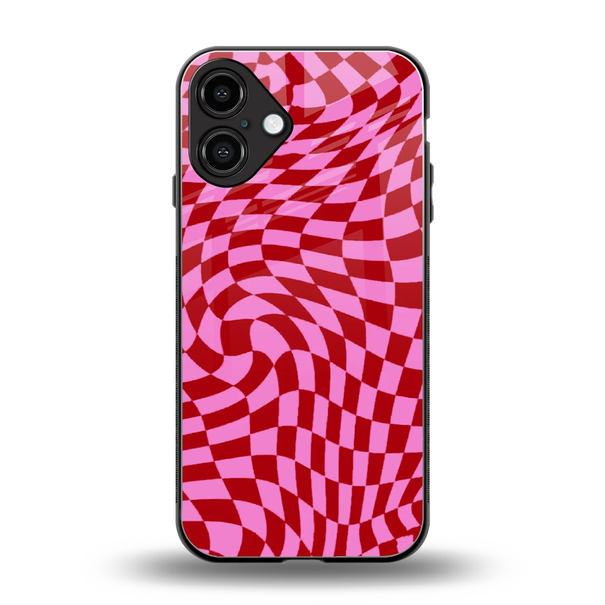 Trippy Pink Checkers back phone cover | glass case for iphone 16 plus
