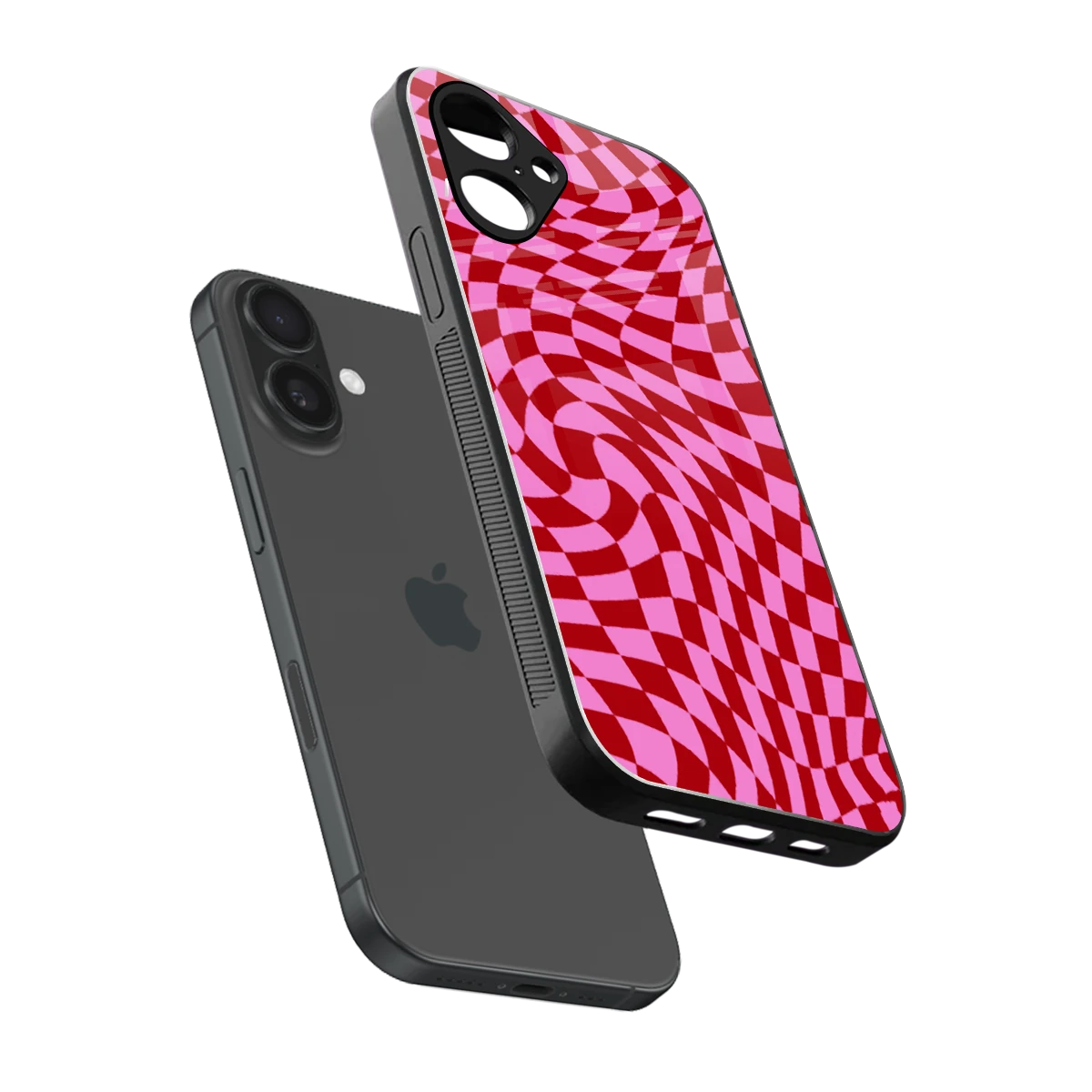 Trippy Pink Checkers sleek iPhone 16 cover with tempered glass back and TPU edges