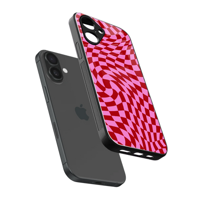 Trippy Pink Checkers sleek iPhone 16 cover with tempered glass back and TPU edges