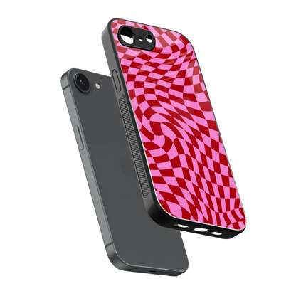 Trippy Pink Checkers sleek iphone 16e cover with tempered glass back and TPU edges