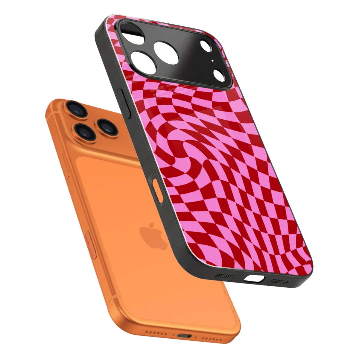 Trippy Pink Checkers sleek iphone 17 pro cover with tempered glass back and TPU edges