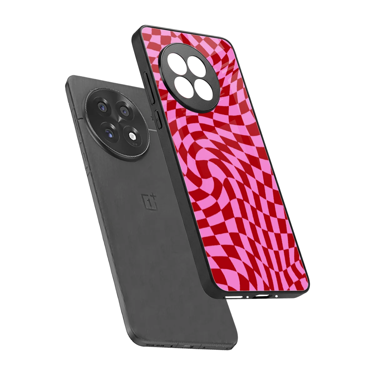 Trippy Pink Checkers sleek oneplus 13r cover with tempered glass back and TPU edges