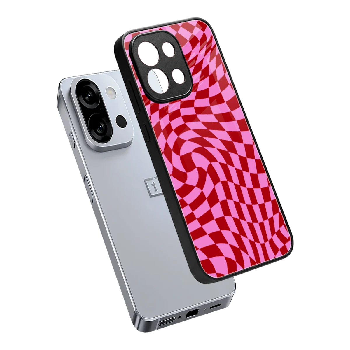 Trippy Pink Checkers sleek oneplus 13s cover with tempered glass back and TPU edges