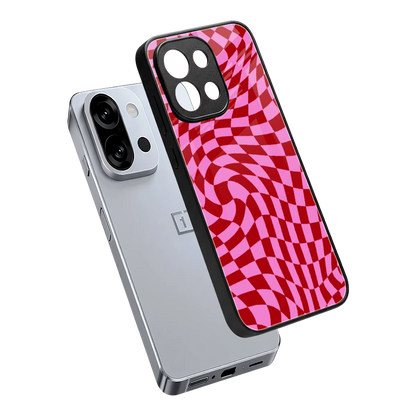 Trippy Pink Checkers sleek oneplus 13s cover with tempered glass back and TPU edges