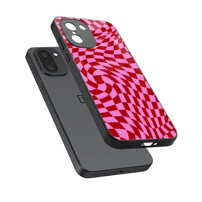 Trippy Pink Checkers sleek oneplus 15r cover with tempered glass back and TPU edges
