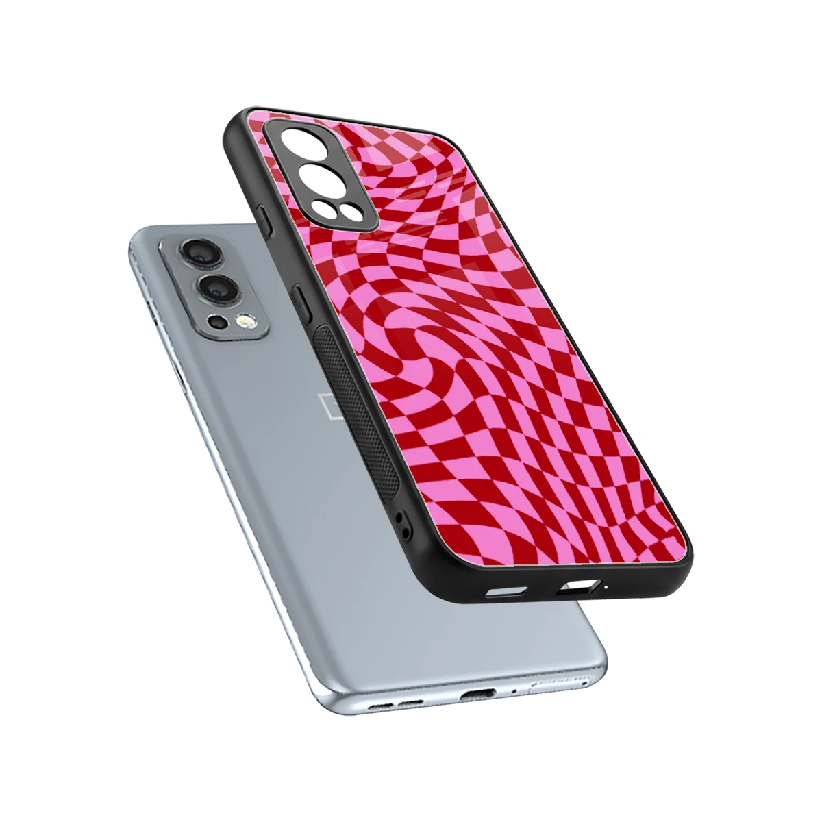 Trippy Pink Checkers sleek oneplus nord 2 cover with tempered glass back and TPU edges