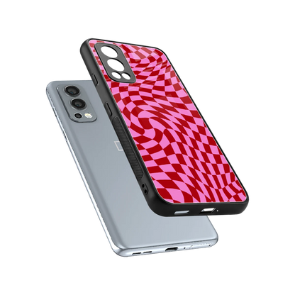 Trippy Pink Checkers sleek oneplus nord 2 cover with tempered glass back and TPU edges