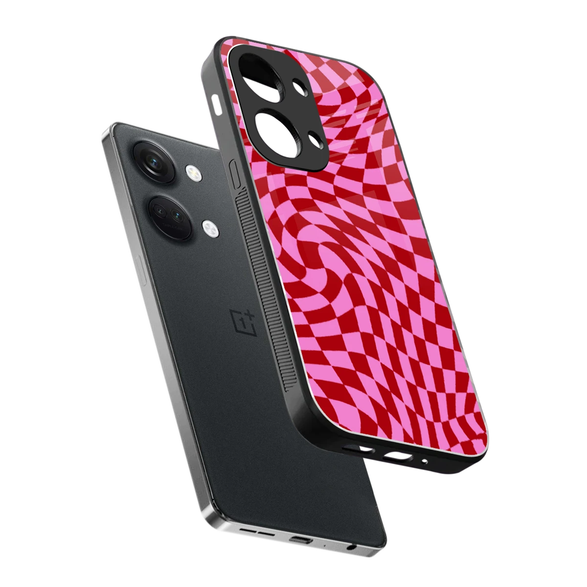 Trippy Pink Checkers sleek oneplus nord 3 cover with tempered glass back and TPU edges