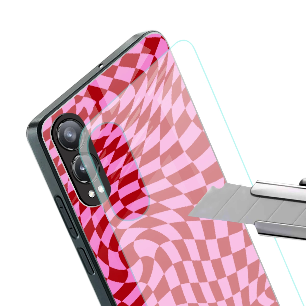 Trippy Pink Checkers stylish phone case for oneplus nord ce 4 lite | glossy glass and slim fit