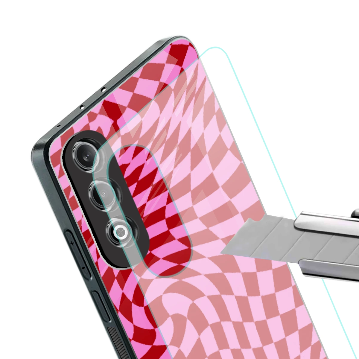 Trippy Pink Checkers stylish phone case for oneplus nord ce 4 | glossy glass and slim fit
