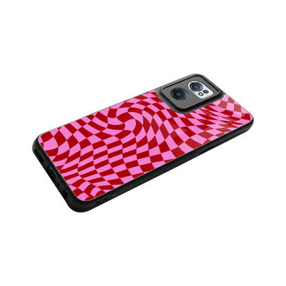 Trippy Pink Checkers stylish phone case for oneplus nord ce 2 | glossy glass and slim fit