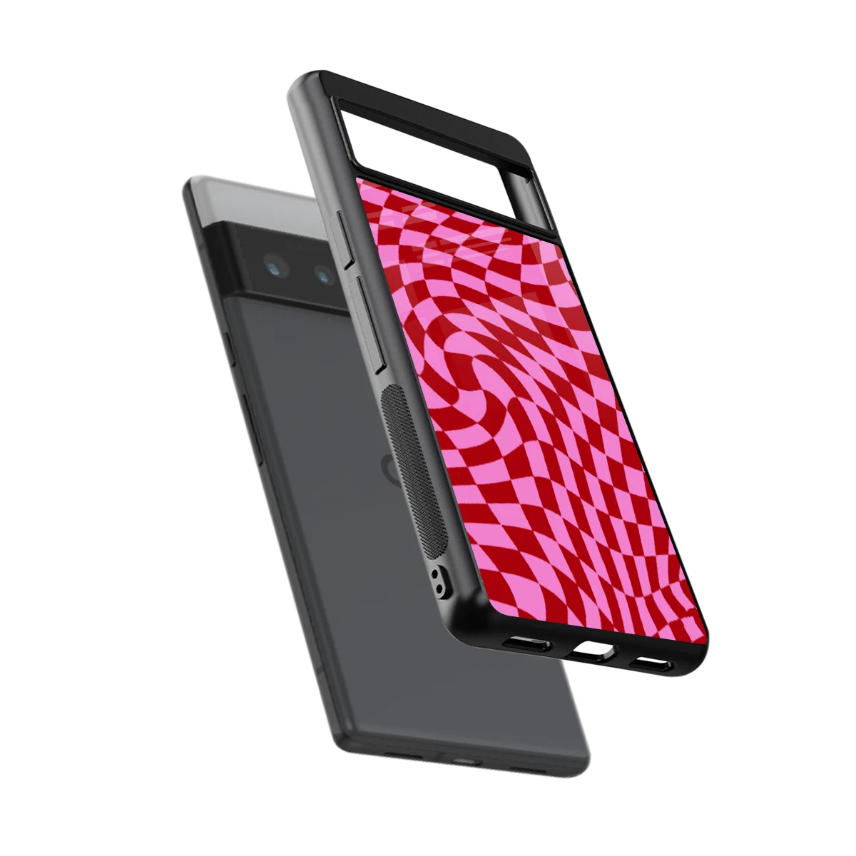 Trippy Pink Checkers sleek google pixel 6 pro cover with tempered glass back and TPU edges