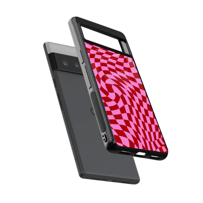 Trippy Pink Checkers sleek google pixel 6 pro cover with tempered glass back and TPU edges