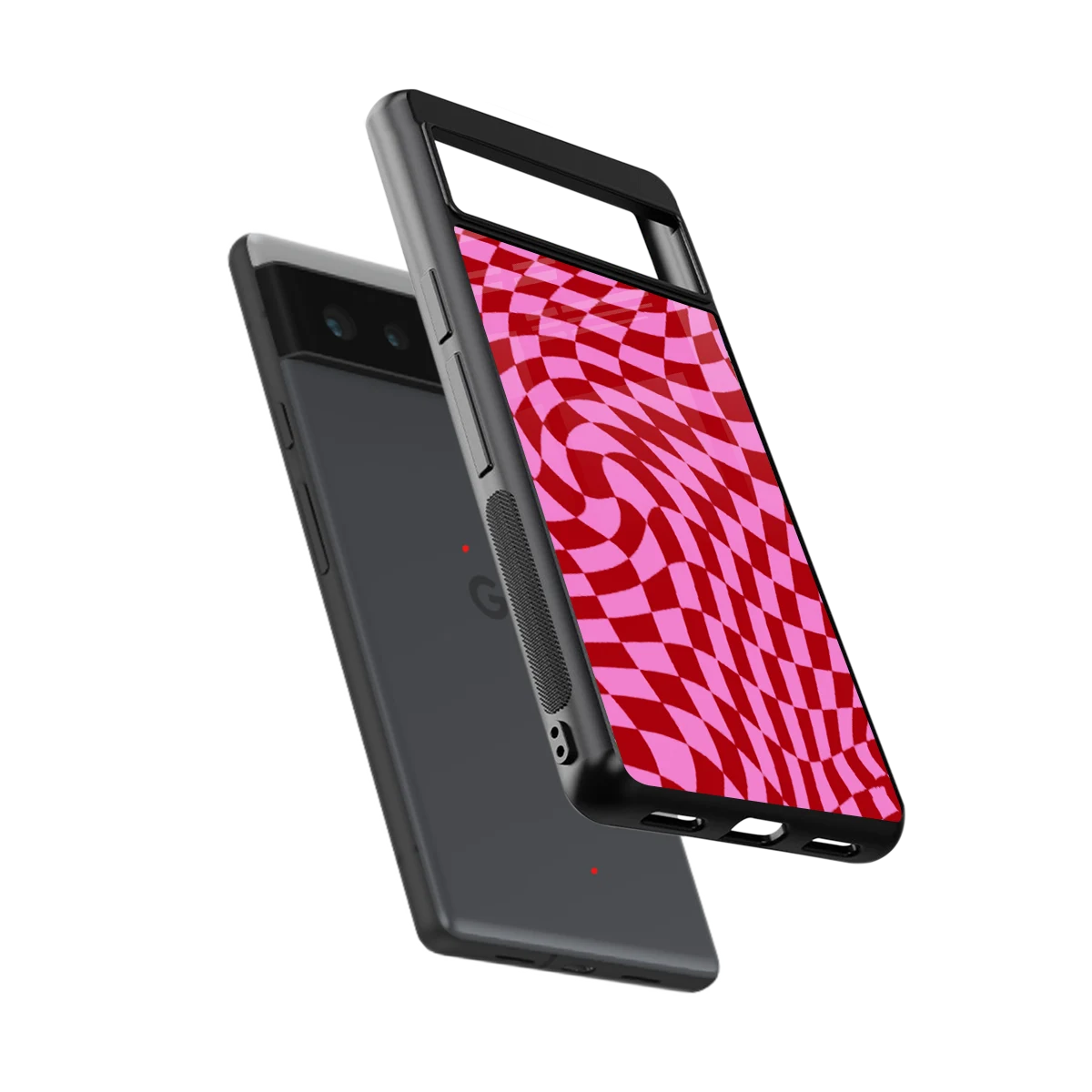 Trippy Pink Checkers sleek google pixel 6 cover with tempered glass back and TPU edges