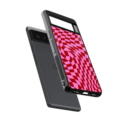 Trippy Pink Checkers sleek google pixel 6a cover with tempered glass back and TPU edges