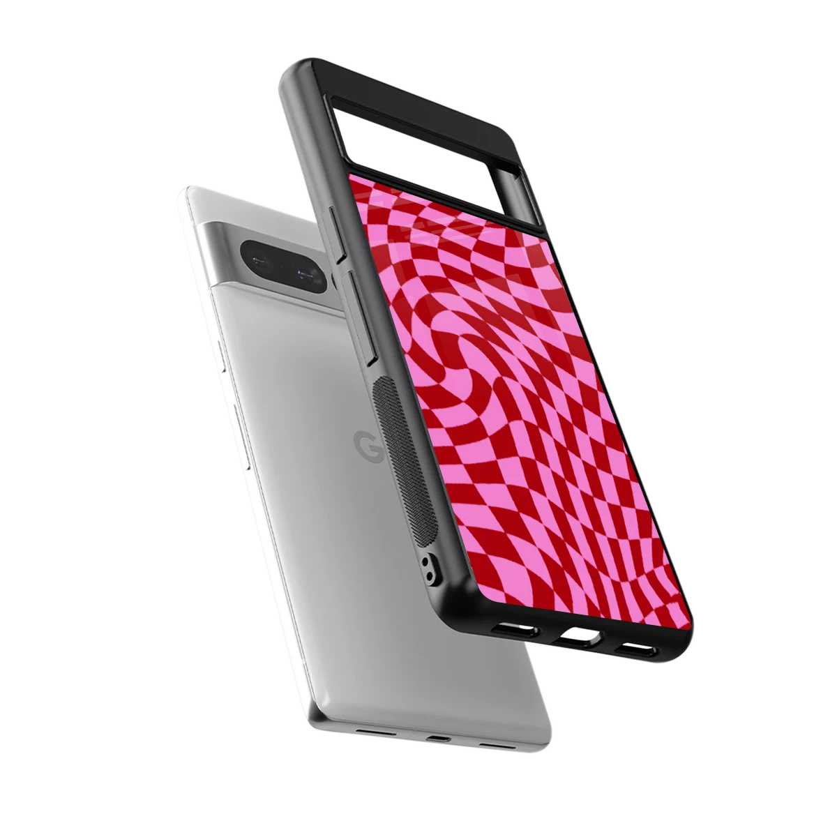 Trippy Pink Checkers sleek google pixel 7 pro cover with tempered glass back and TPU edges