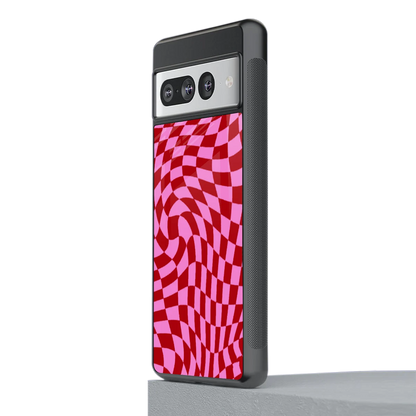 Trippy Pink Checkers stylish phone case for google pixel 7 pro | glossy glass and slim fit
