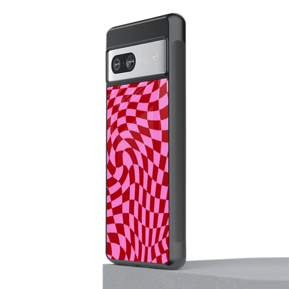 Trippy Pink Checkers stylish phone case for google pixel 7a | glossy glass and slim fit