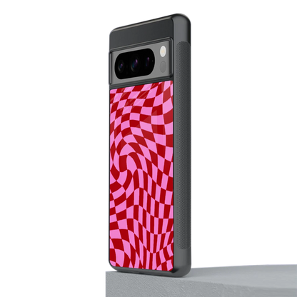 Trippy Pink Checkers stylish phone case for google pixel 8 pro | glossy glass and slim fit
