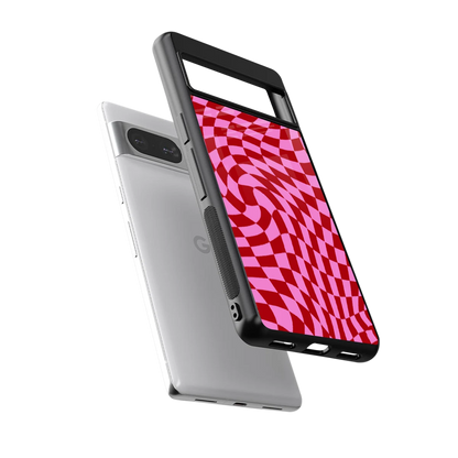 Trippy Pink Checkers sleek google pixel 8 cover with tempered glass back and TPU edges
