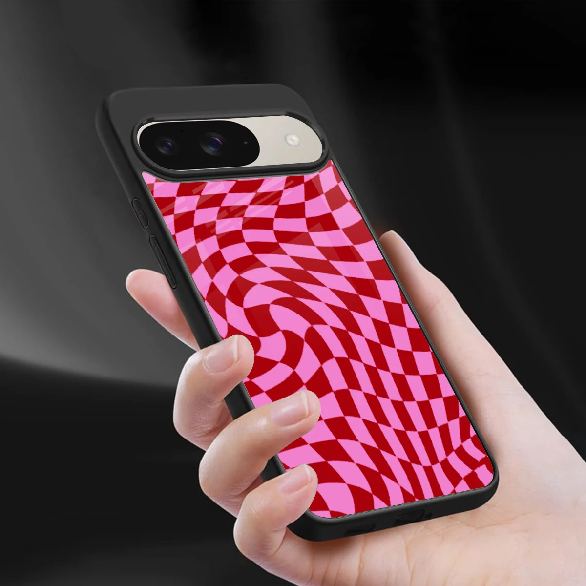 Trippy Pink Checkers sleek google pixel 9 cover with tempered glass back and TPU edges