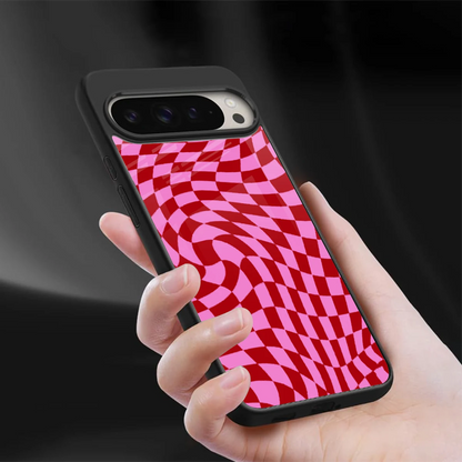 Trippy Pink Checkers sleek google pixel 9 pro cover with tempered glass back and TPU edges