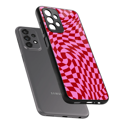 Trippy Pink Checkers sleek samsung galaxy a23 cover with tempered glass back and TPU edges