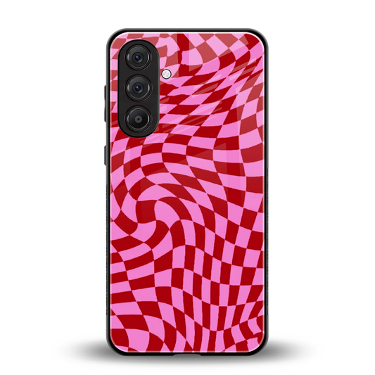 Trippy Pink Checkers back phone cover | glass case for samsung galaxy m36 5g