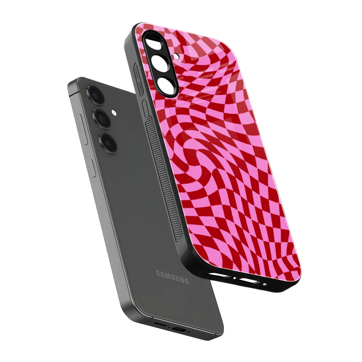 Trippy Pink Checkers sleek samsung galaxy a14 5g cover with tempered glass back and TPU edges