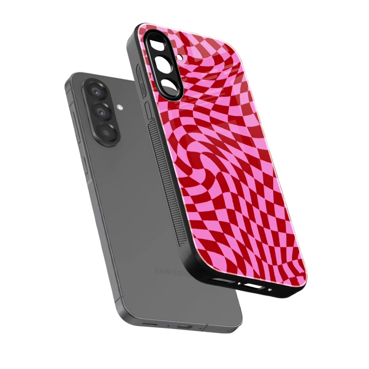 Trippy Pink Checkers sleek samsung galaxy a37 5g cover with tempered glass back and TPU edges