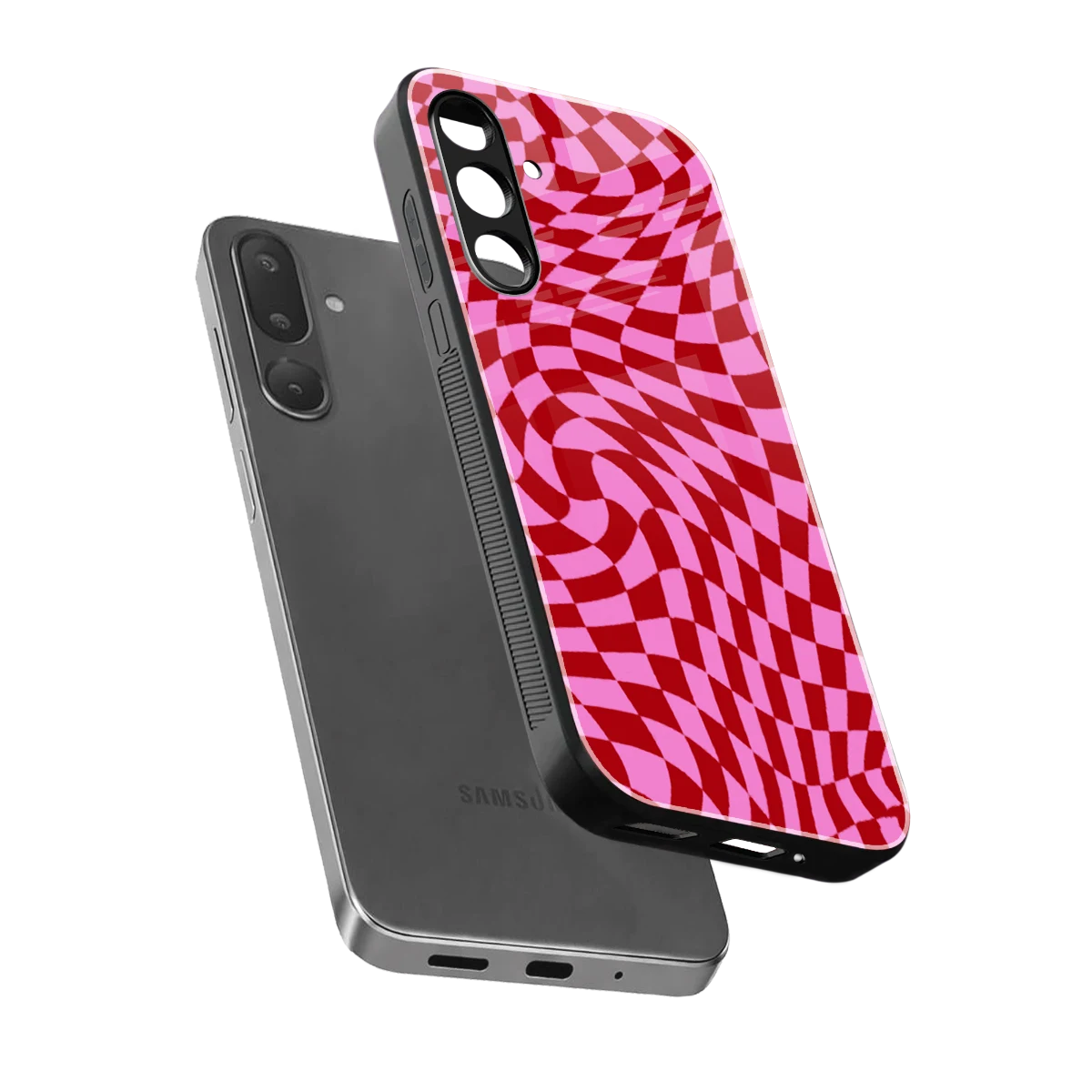 Trippy Pink Checkers sleek samsung galaxy m56 5g cover with tempered glass back and TPU edges