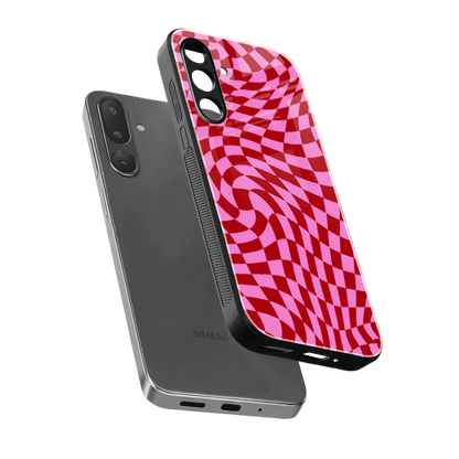 Trippy Pink Checkers sleek samsung galaxy m56 5g cover with tempered glass back and TPU edges