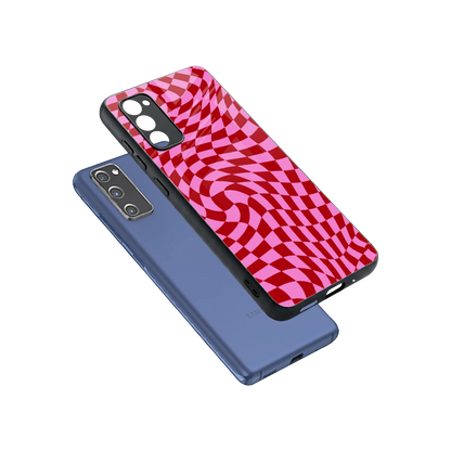 Trippy Pink Checkers sleek samsung galaxy s20 fe cover with tempered glass back and TPU edges
