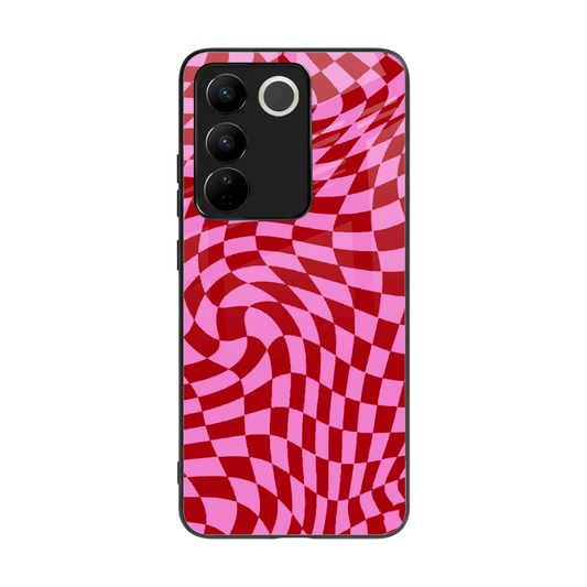 Trippy Pink Checkers back phone cover | glass case for vivo v27 5g